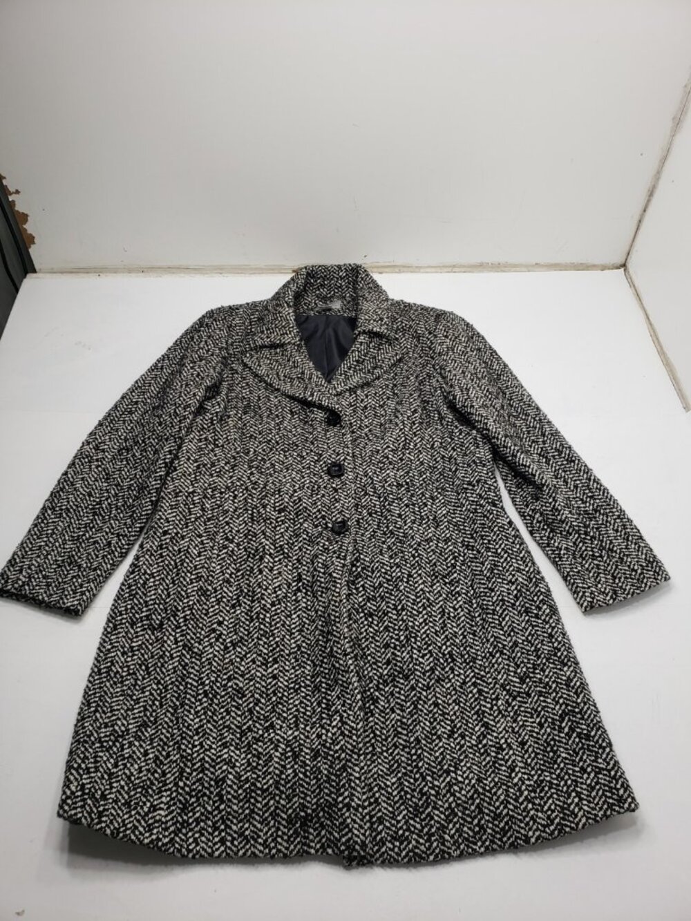 Worthington Womens XL Wool Blend Herringbone Tweed Coat Black White Button